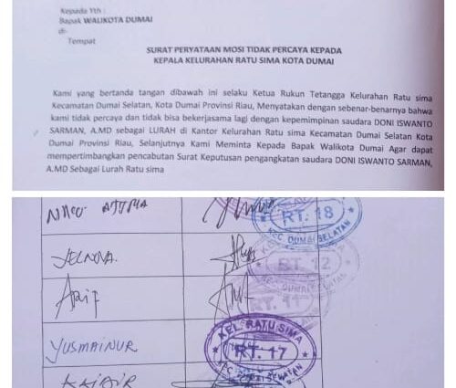 Potongan surat mosi tak percaya terhadap Lurah Ratusima Dumai. F. :. SEKILASRIAU.COM