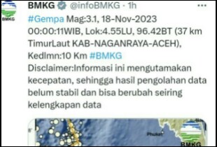 Screenshot postingan BMKG tentang gempabumi terkini di Aceh. F : IST